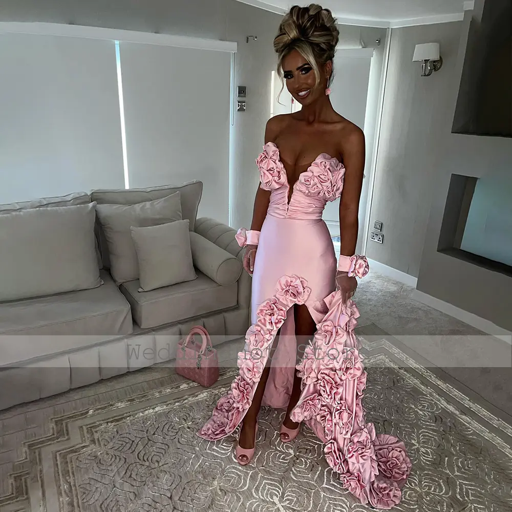 Satin Evening Dresses Pink Deep V Neck Side Slit Mermaid Sexy Evening Gowns for Women 3D Flowers Backless Lace Up Prom Dress
