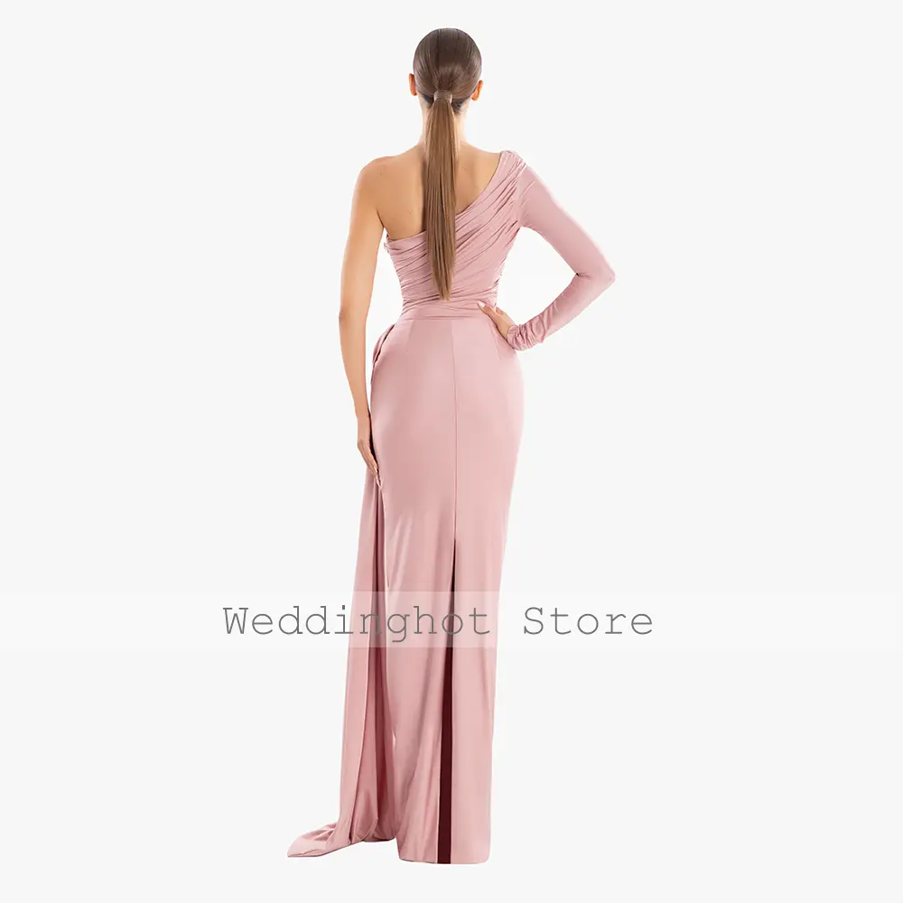 Column Evening Dress Pink Beading Applique One Shoulder Evening Gowns for Women 2025 Long Sleeve Pleat Draped Modern Prom Dress