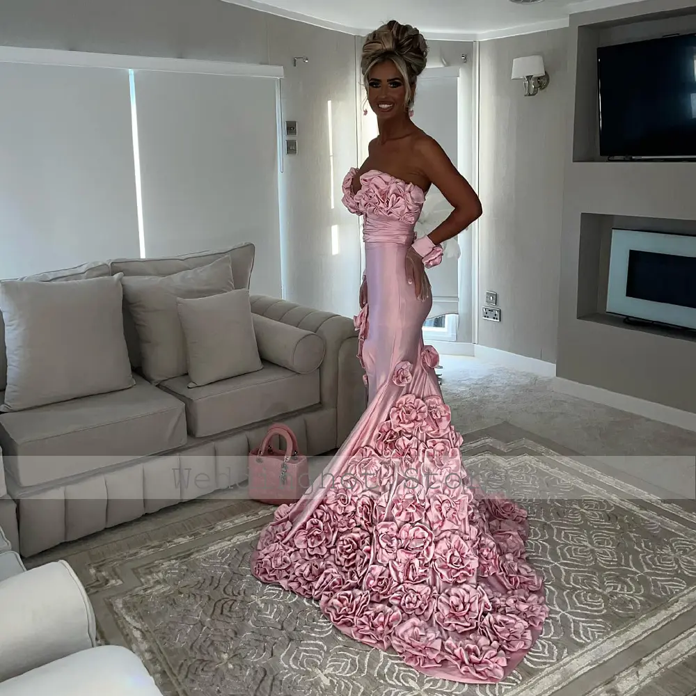 Satin Evening Dresses Pink Deep V Neck Side Slit Mermaid Sexy Evening Gowns for Women 3D Flowers Backless Lace Up Prom Dress