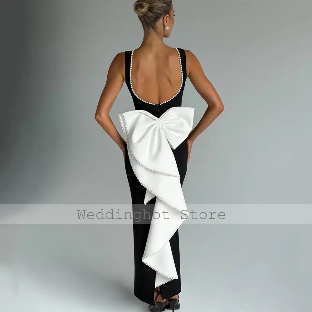 Black Evening Dress Column Backless Pearls Ivory Bow Modern Evening Gowns for Women Sleeveless Ankle Length Formal Party Dresses