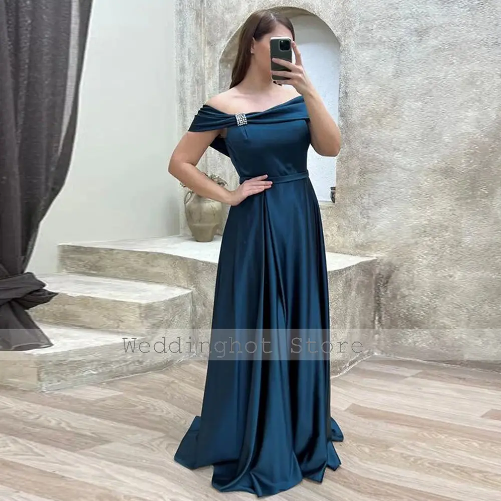 Prom Dresses Classic Gemstone Blue Satin Pearl Front Fork Pleat Ruched Formal Dress A-line Off-the-shoulder Long Dresses