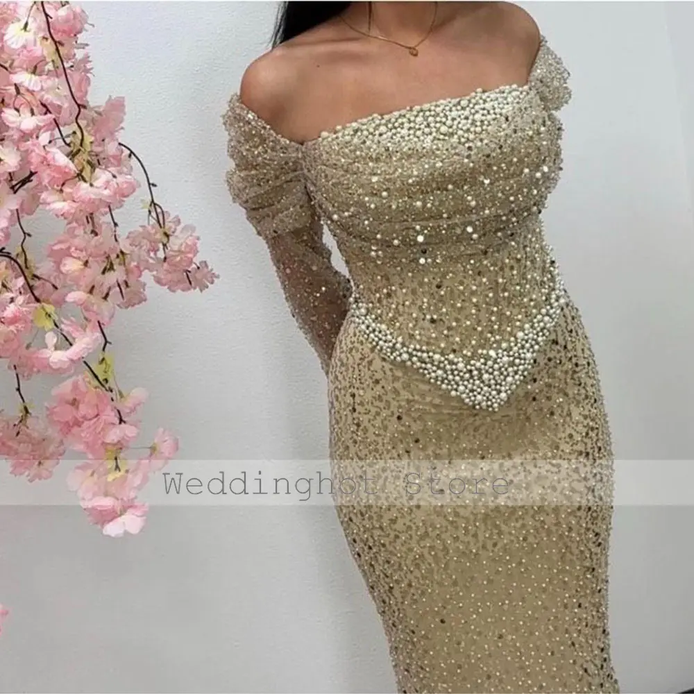 Luxury Net Pearl Evening Dresses Trumpet Off-the-shoulder Bespoke Occasion Gown Long Pearls Champange Women's Formal Dresses