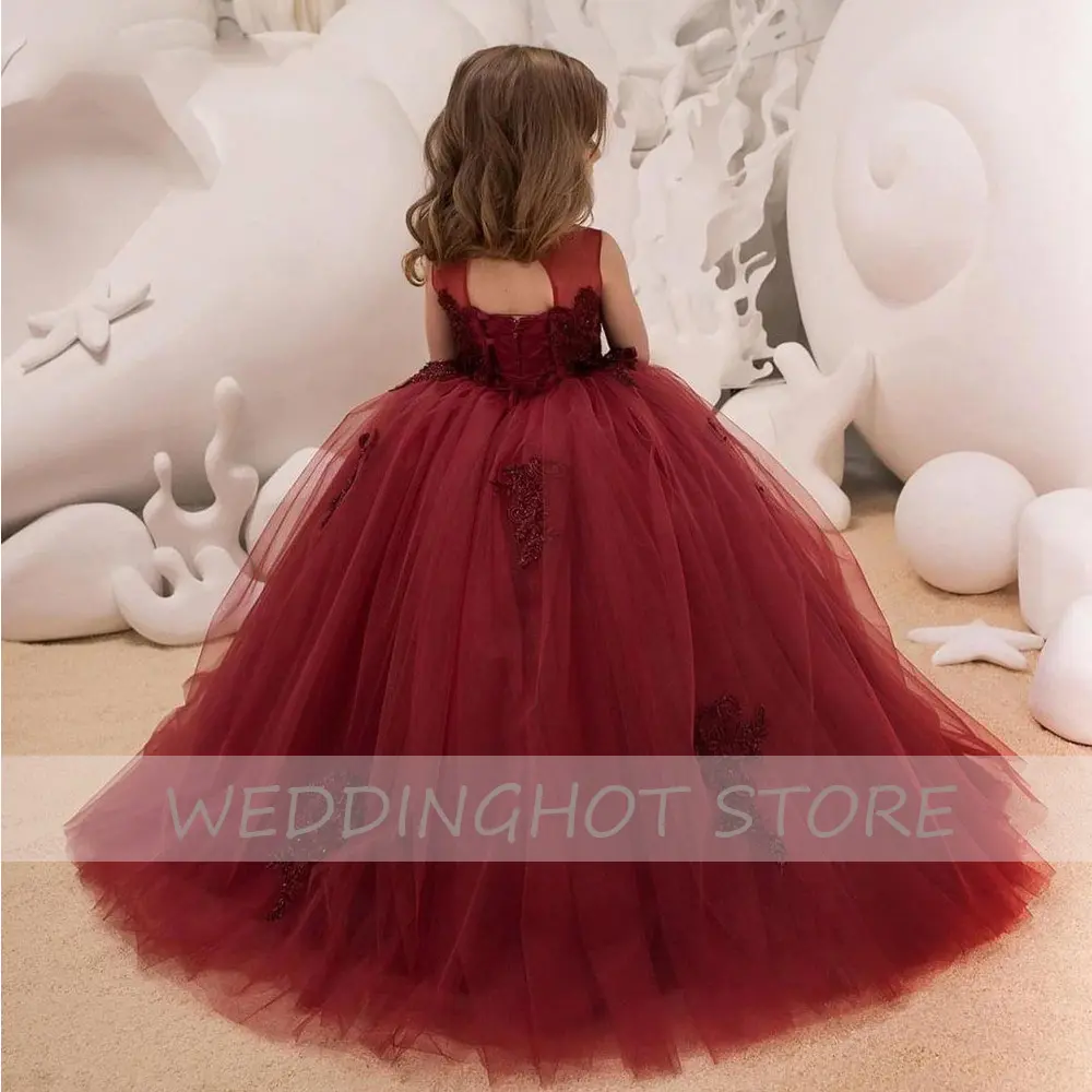 Burgundy Floor-Length Flower Girl Dress 2022 New Baby Christmas Party Prom Gowns Lace Kid Birthday Ball Dress платье для девочки