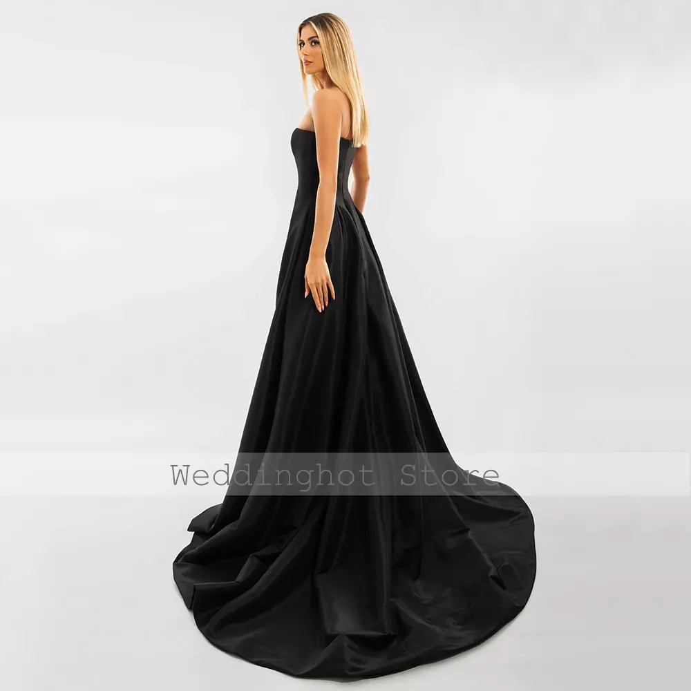 Black Evening Dresses Satin Strapless A Line Sleeveless Elegant Formal Party Gowns Long Backless Sweep Train Women's Prom Dress