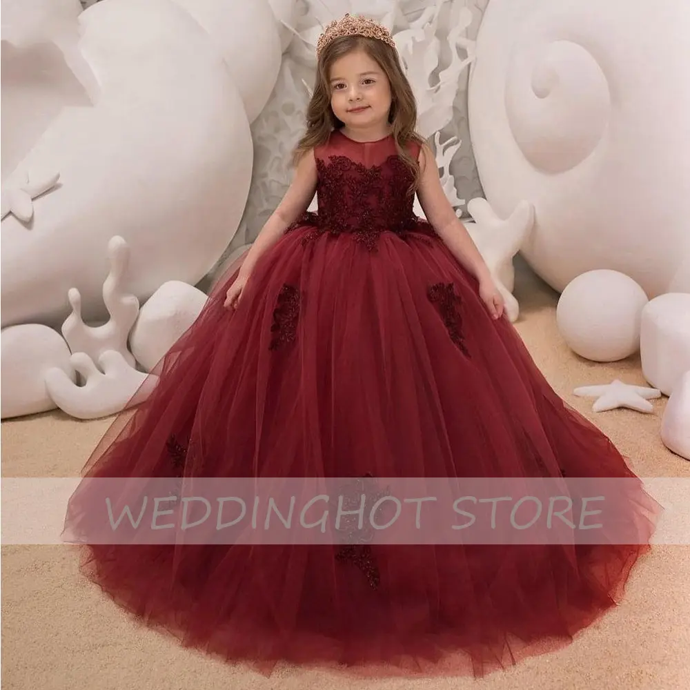 Burgundy Floor-Length Flower Girl Dress 2022 New Baby Christmas Party Prom Gowns Lace Kid Birthday Ball Dress платье для девочки