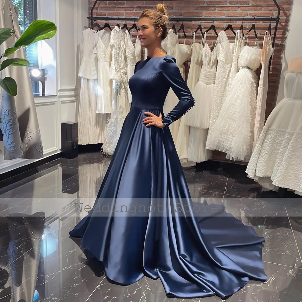 Navy Blue Evening Dress 2025 A Line Boat Neck Long Sleeves Elegant Prom Gowns for Women Backless Buttons Formal Party Dresses