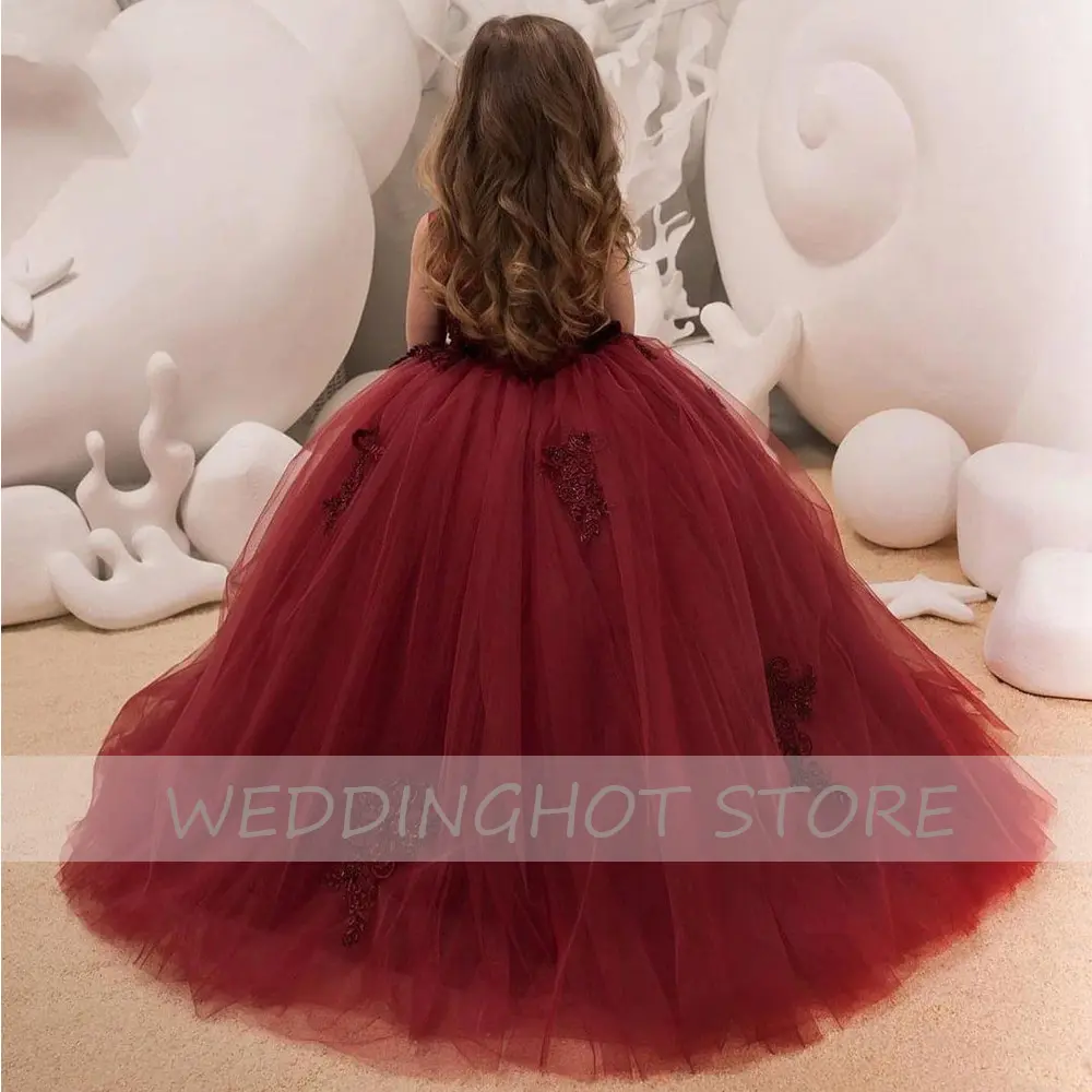 Burgundy Floor-Length Flower Girl Dress 2022 New Baby Christmas Party Prom Gowns Lace Kid Birthday Ball Dress платье для девочки