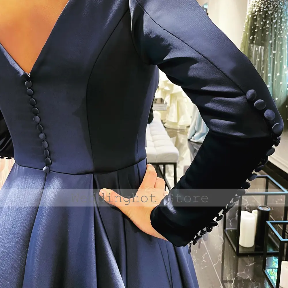 Navy Blue Evening Dress 2025 A Line Boat Neck Long Sleeves Elegant Prom Gowns for Women Backless Buttons Formal Party Dresses