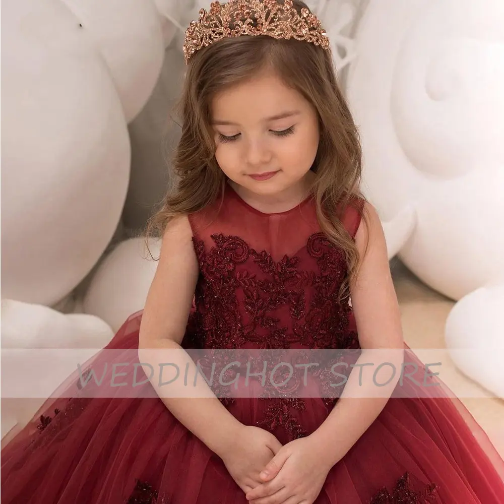 Burgundy Floor-Length Flower Girl Dress 2022 New Baby Christmas Party Prom Gowns Lace Kid Birthday Ball Dress платье для девочки