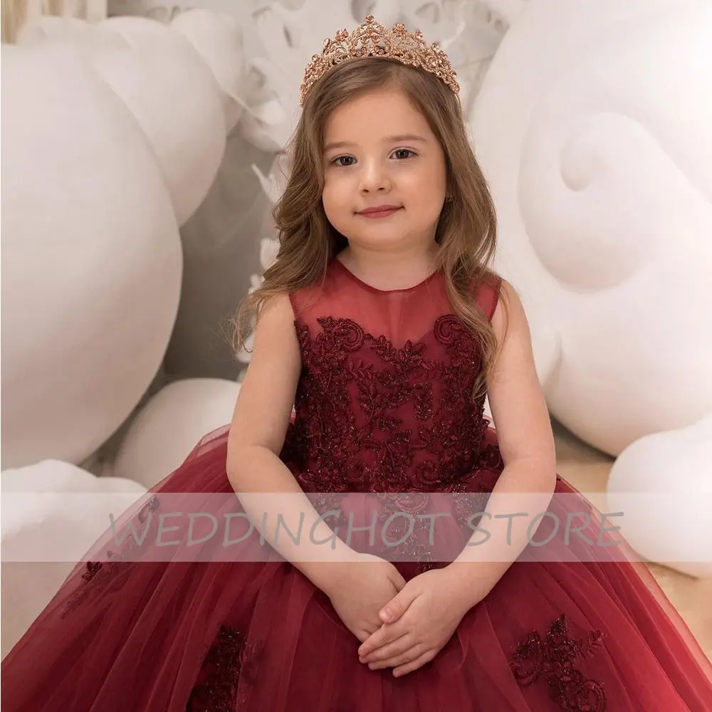 Burgundy Floor-Length Flower Girl Dress 2022 New Baby Christmas Party Prom Gowns Lace Kid Birthday Ball Dress платье для девочки