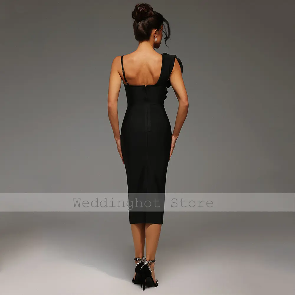 Midi Cocktail Dresses Black 3D Flowers Asymmetrical Neckline Sheath Cocktail Gowns for Women Sleeveless Tea Length Party Dress
