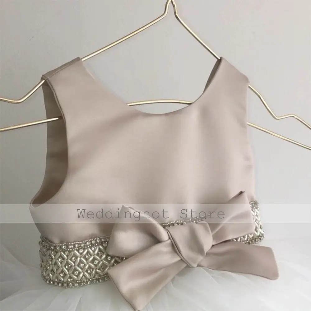 Flower Girl Dresses for Weddings Champagne Satin White Tulle Girl's Party Gown Short Pearls Crystal Bow Tiered Kid's Party Dress