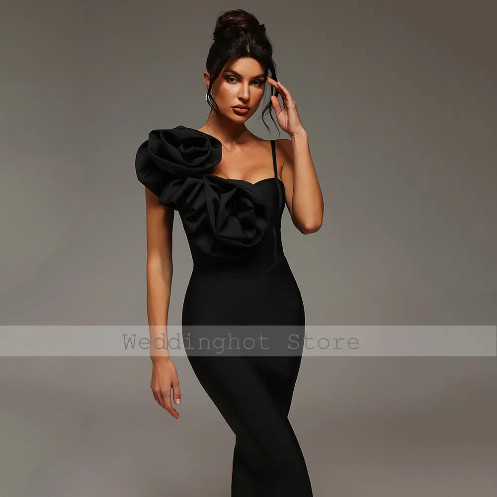 Midi Cocktail Dresses Black 3D Flowers Asymmetrical Neckline Sheath Cocktail Gowns for Women Sleeveless Tea Length Party Dress