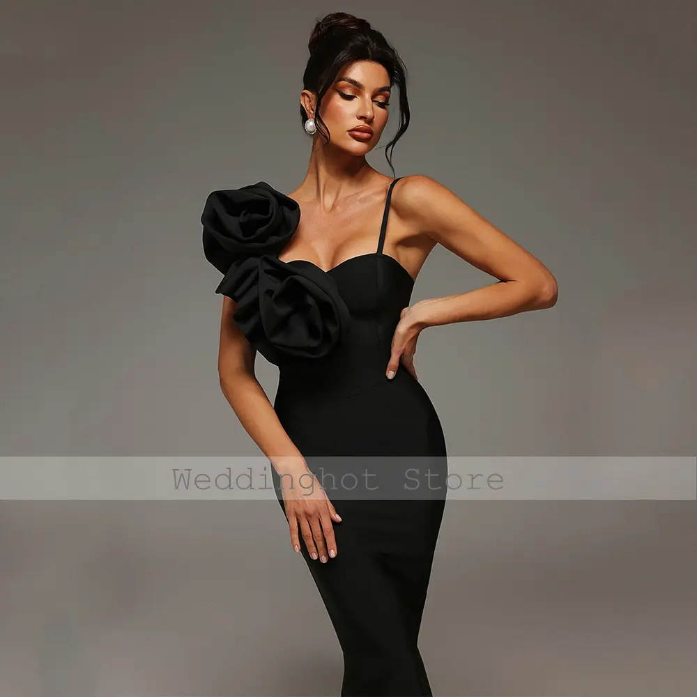 Midi Cocktail Dresses Black 3D Flowers Asymmetrical Neckline Sheath Cocktail Gowns for Women Sleeveless Tea Length Party Dress