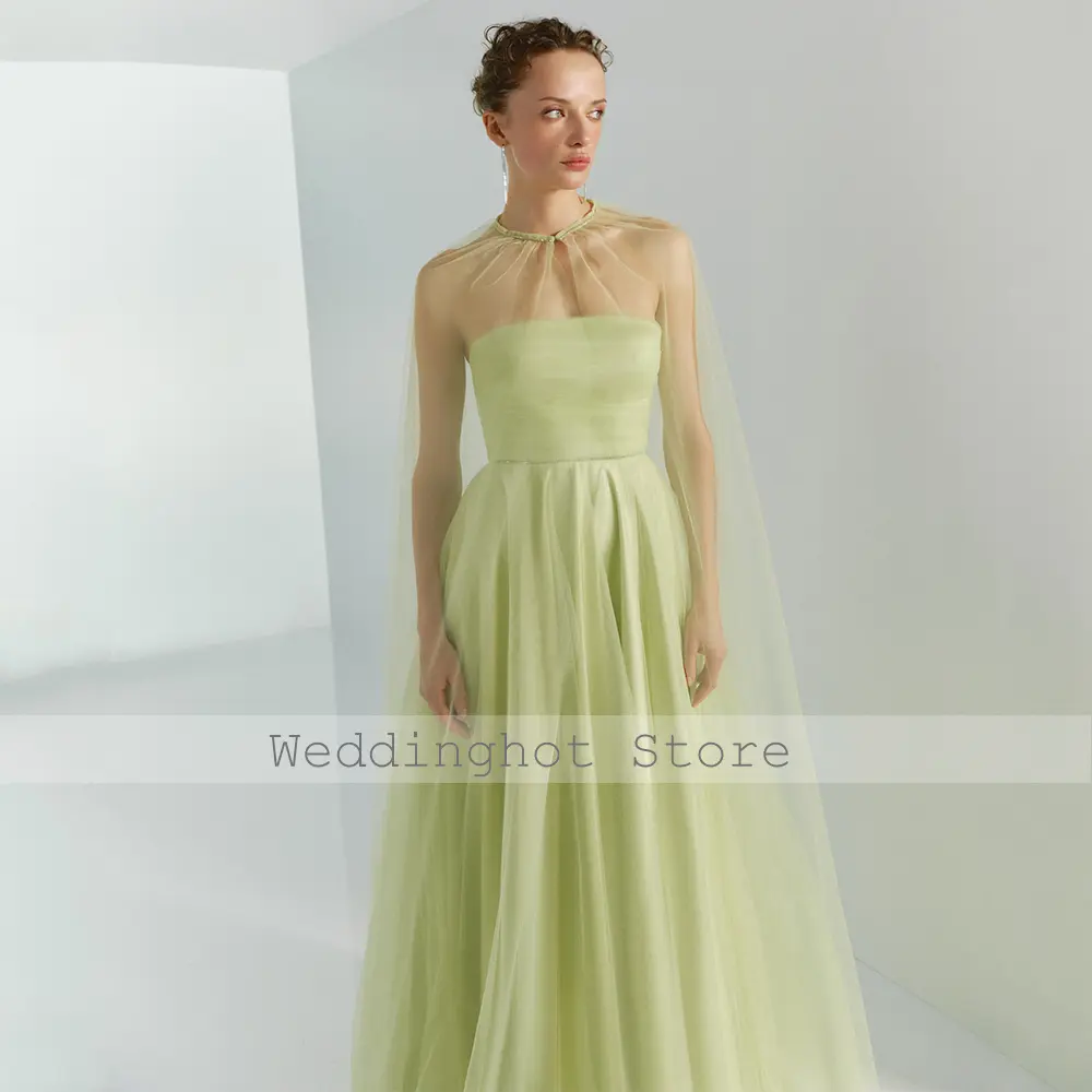 Mint Prom Dresses for Women Strapless A Line Crystals Elegant Evening Party Gowns with Cape Tulle Floor Length Graduation Dress