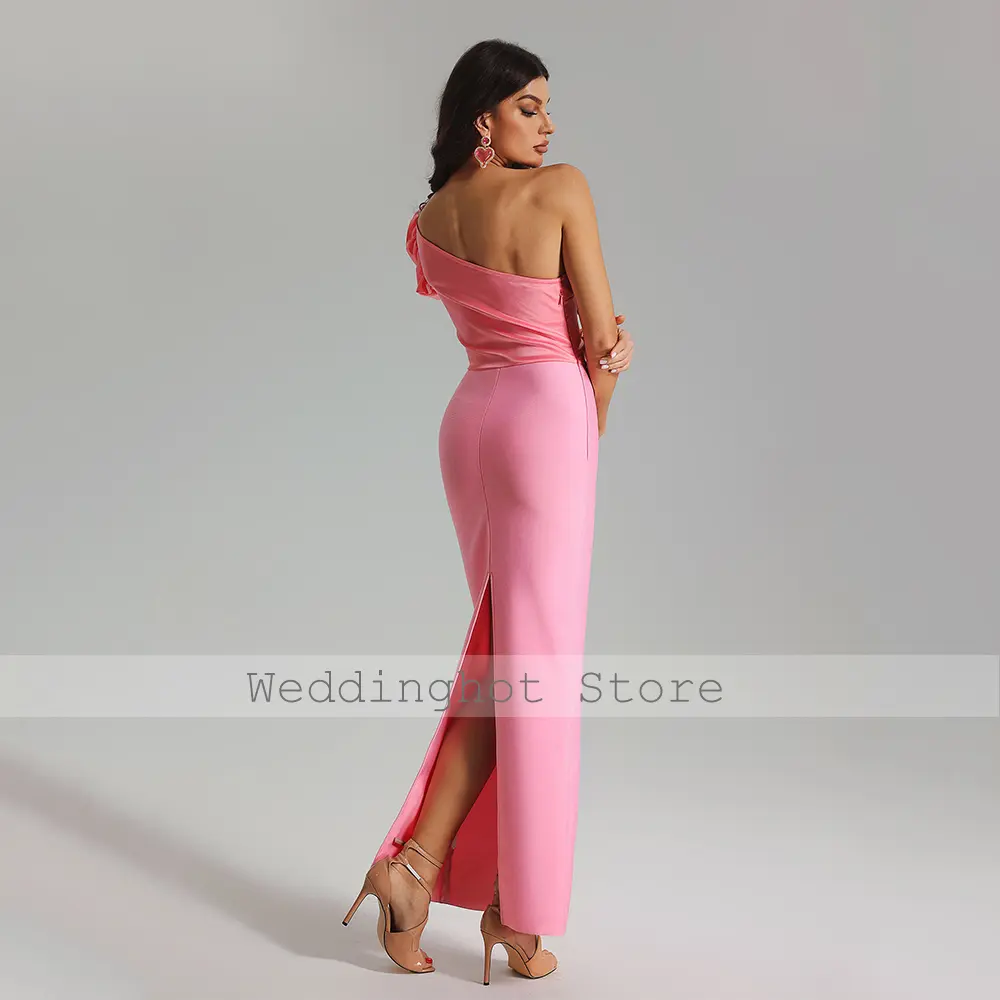 Pink Evening Dress Column Bow One Shoulder Short Sleeve Women's Evening Gowns Maxi Ankle Length Elegant Formal Party Dresses