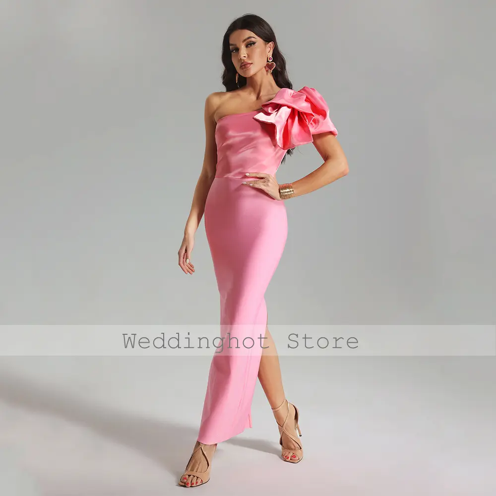 Pink Evening Dress Column Bow One Shoulder Short Sleeve Women's Evening Gowns Maxi Ankle Length Elegant Formal Party Dresses