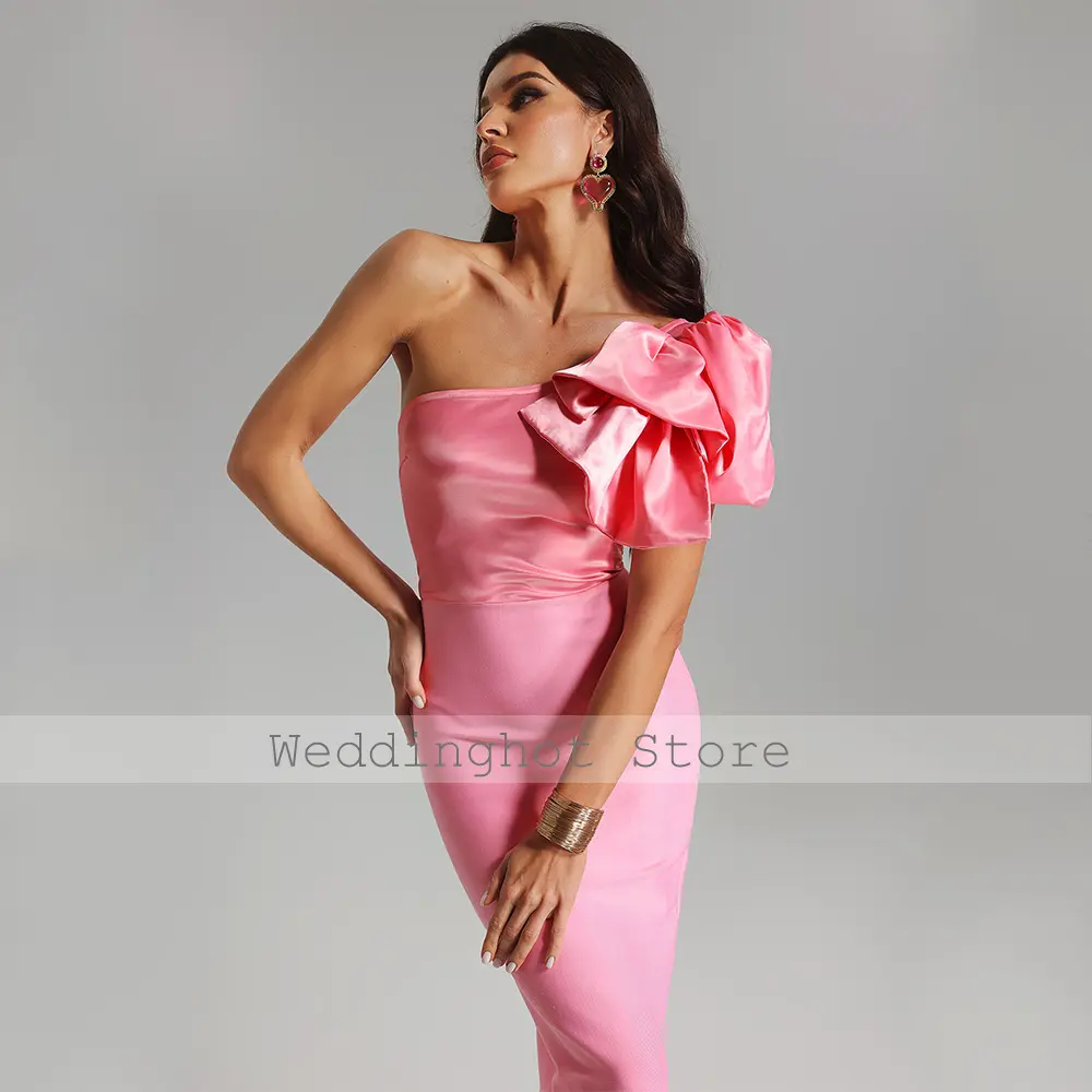 Pink Evening Dress Column Bow One Shoulder Short Sleeve Women's Evening Gowns Maxi Ankle Length Elegant Formal Party Dresses