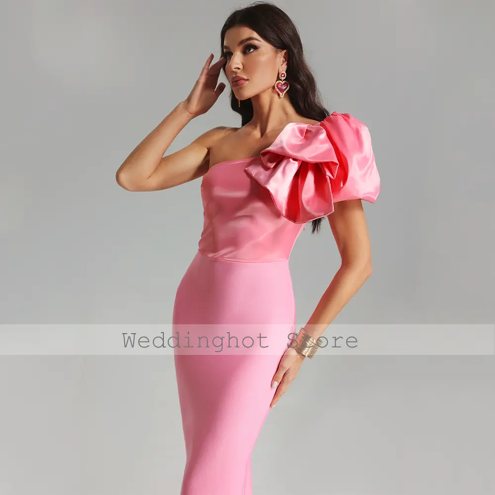 Pink Evening Dress Column Bow One Shoulder Short Sleeve Women's Evening Gowns Maxi Ankle Length Elegant Formal Party Dresses