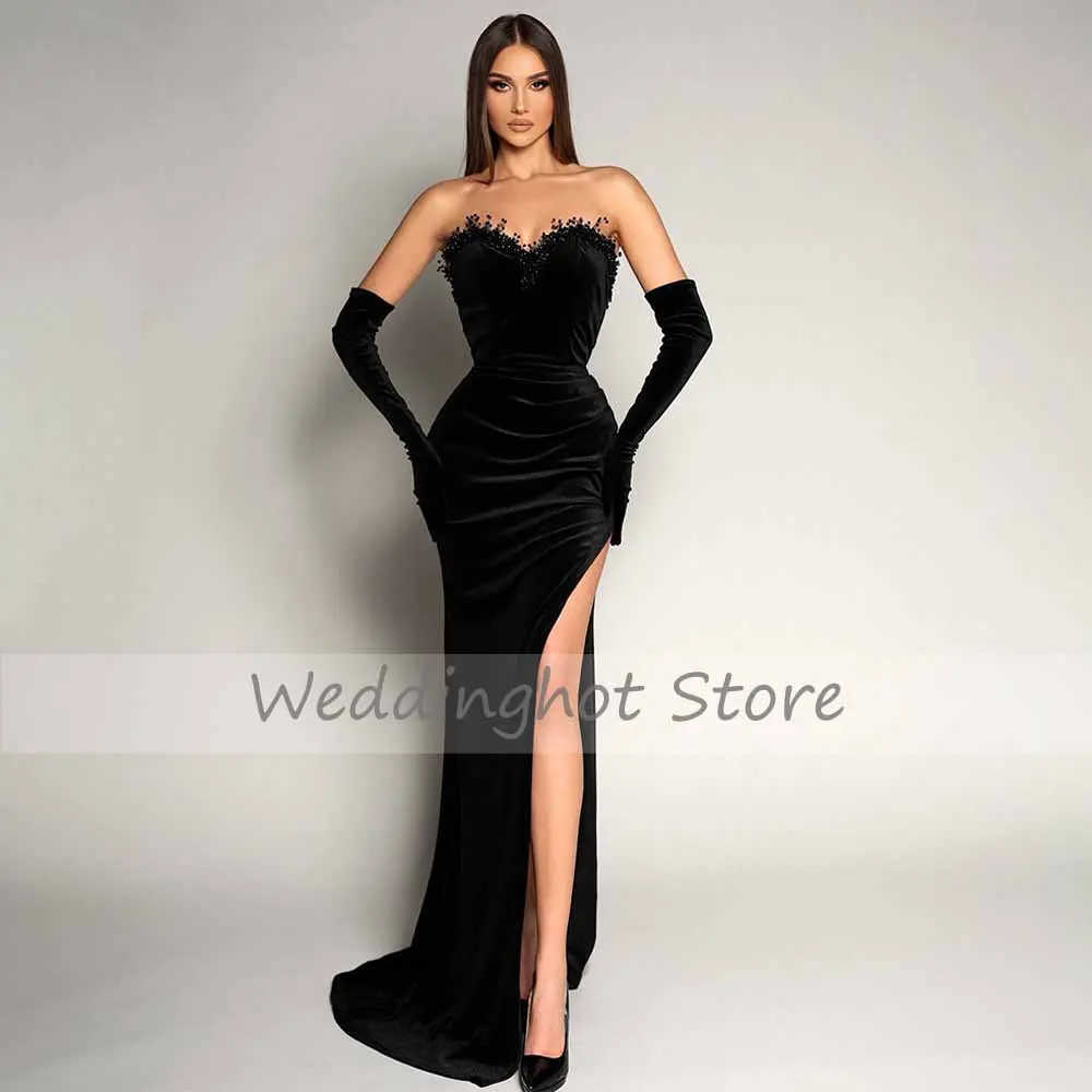 Sexy Evening Dress Black Beading Sweetheart Side High Slit Mermaid  Gowns for Women Trumpet Backless Velvet Prom Dresses