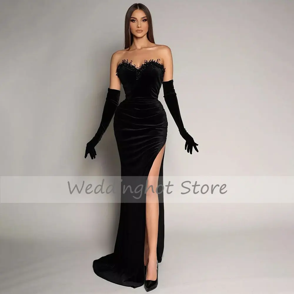 Sexy Evening Dress Black Beading Sweetheart Side High Slit Mermaid  Gowns for Women Trumpet Backless Velvet Prom Dresses
