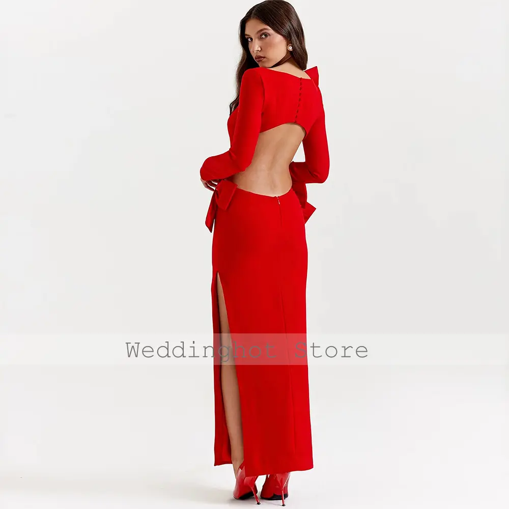 Modern Prom Dress Red Long Sleeves Bows Boat Neck Maxi Column Prom Gowns for Women 2025 Open Back Ankle Length Formal Party Gown