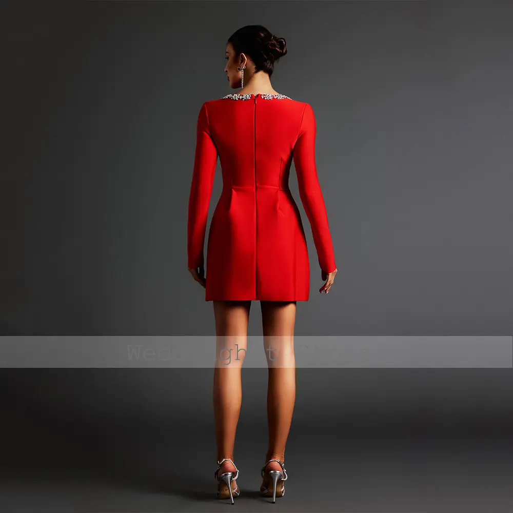 Red Homecoming Dress Mini Crystal Square Collar Long Sleeves Short Homecoming Gowns for Women 2025 Ruched A Line Party Dresses
