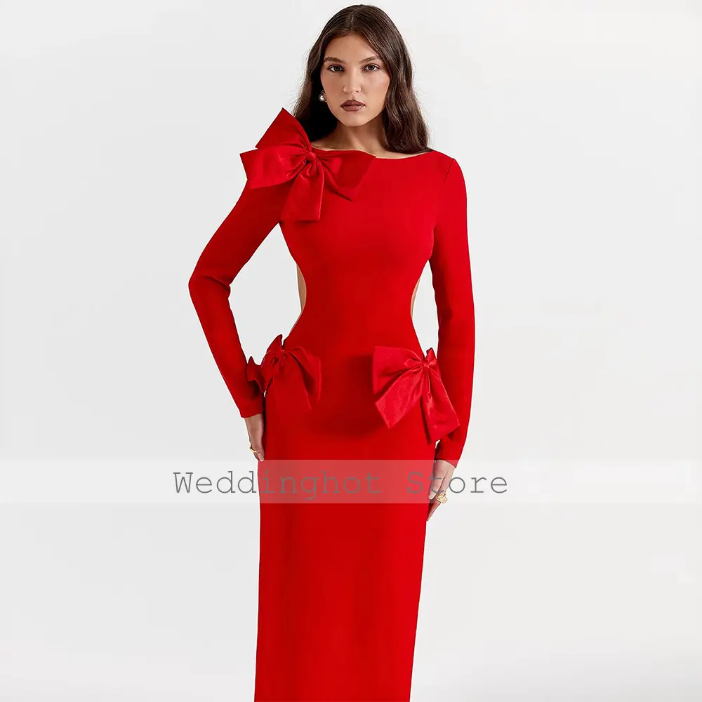 Modern Prom Dress Red Long Sleeves Bows Boat Neck Maxi Column Prom Gowns for Women 2025 Open Back Ankle Length Formal Party Gown