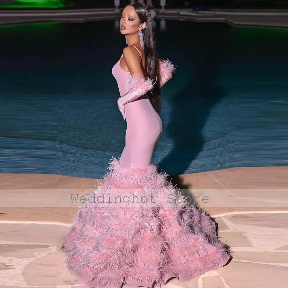 Luxury Sexy Evening Dresses Satin Feather Tiered Clubbing Trumpet Spaghetti strap Bespoke Occasion Gown Dresses Long Gowns 2024