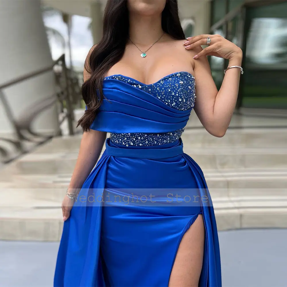Prom Dresses Exquisite Gemstone Blue Satin Pleat Beading Pearl Sequined Rhinestone Bespoke Occasion Gown A-line Long Dresses
