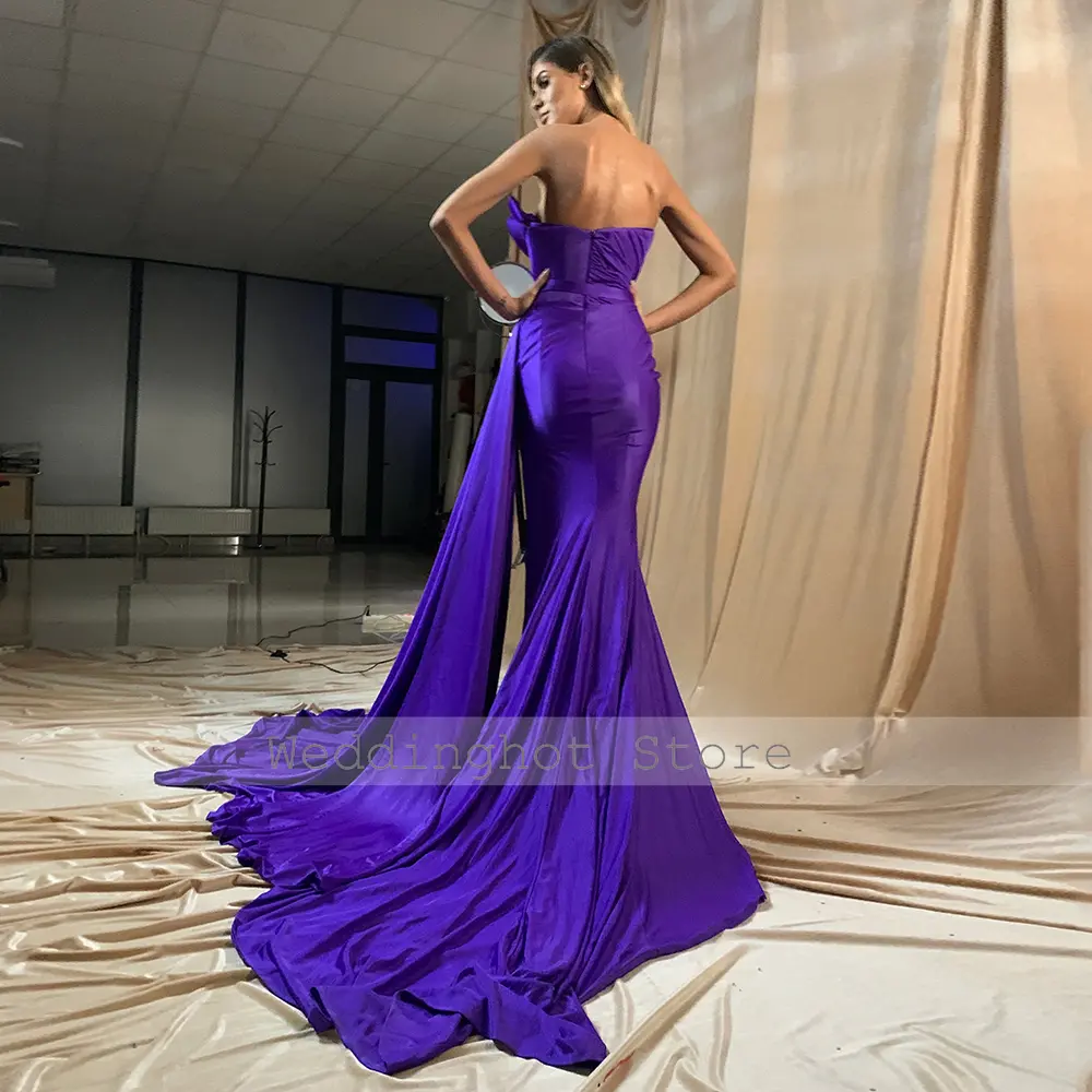 Purple Party Dress Long Spandex Pleat Draped High Split Sexy Evening Dresses Mermaid Strapless Formal Party Gowns Custom Made