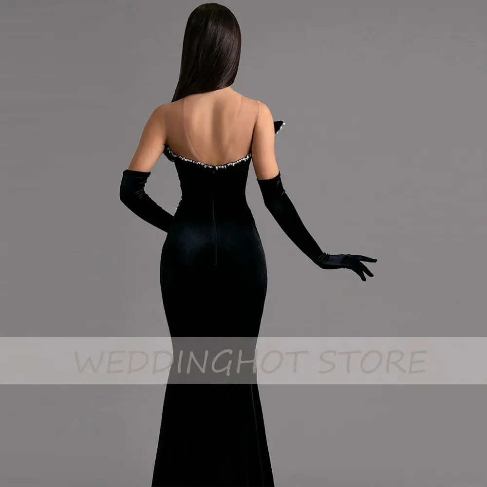 Black Velour Evening Dresses 2023 Luxury Sexy Beading V-Neck Ball Gowns Elegant Strapless Backless Party Dress robes de soirée