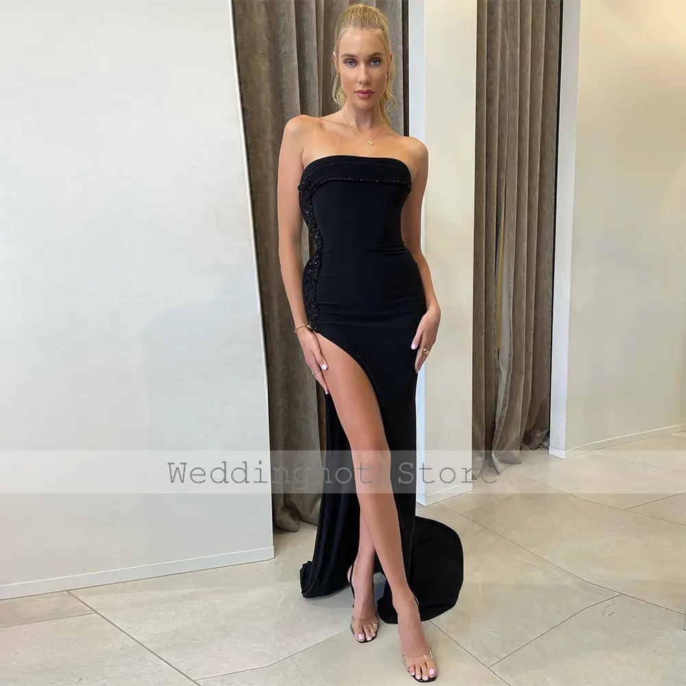 Modern Evening Dress Black Satin Beading Sequined Front Fork Sexy Evening Dresses Sheath Strapless Special Occasion Dresses