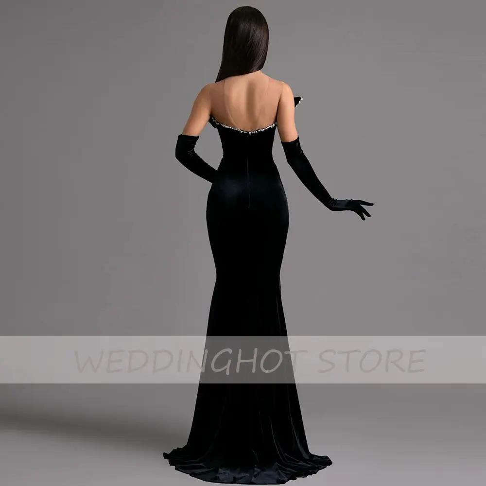 Black Velour Evening Dresses 2023 Luxury Sexy Beading V-Neck Ball Gowns Elegant Strapless Backless Party Dress robes de soirée