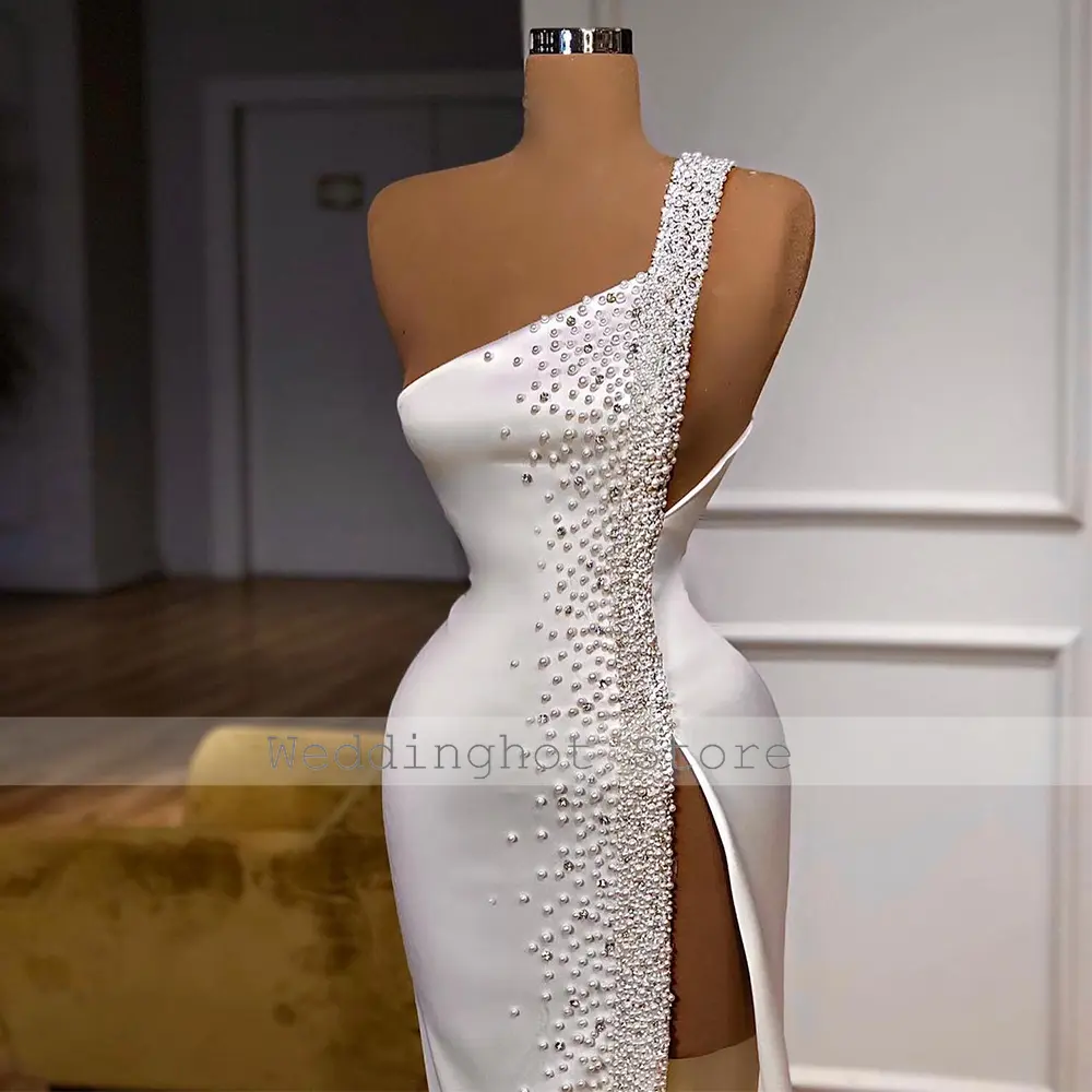 Mother Of The Bride Dresses Luxury White Satin Pearl Side Fork Engagement Straight One-shoulder Long Dresses Long Beaded Gown