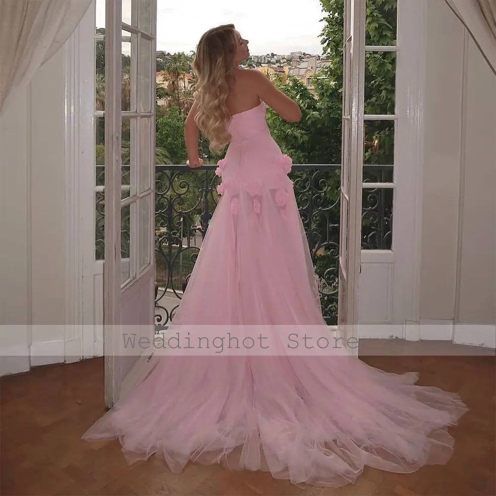 Luxury Prom Dress Pink 3D Flowers High Split Sweetheart A Line Women's Prom Gowns Long Backless Strapless Formal Dresses 2024