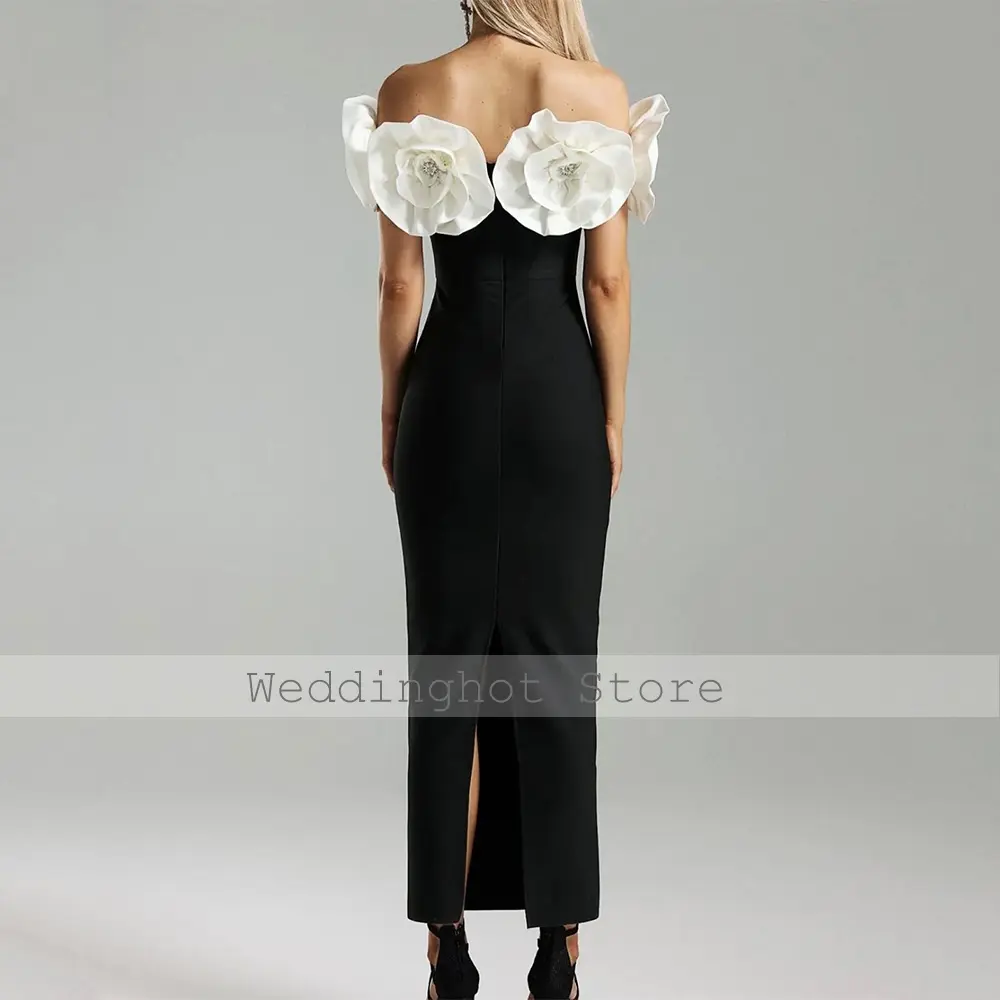 Modern Cocktail Dress Black Ivory Flowers Off the Shoulder Column Cocktail Gowns for Women Ankle Length Sheath Party Dress Maxi