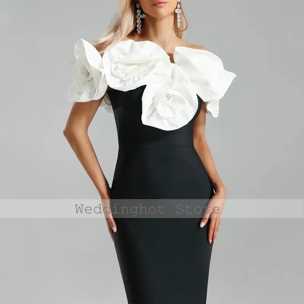 Modern Cocktail Dress Black Ivory Flowers Off the Shoulder Column Cocktail Gowns for Women Ankle Length Sheath Party Dress Maxi