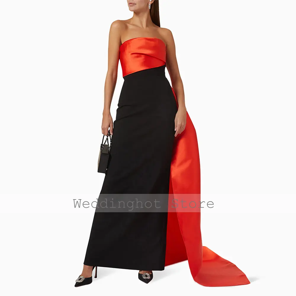 Red and Black Evening Dresses for Women Column Strapless Elegant Wedding Guest Gowns Long Sleeveless Draped Modern Formal Dress