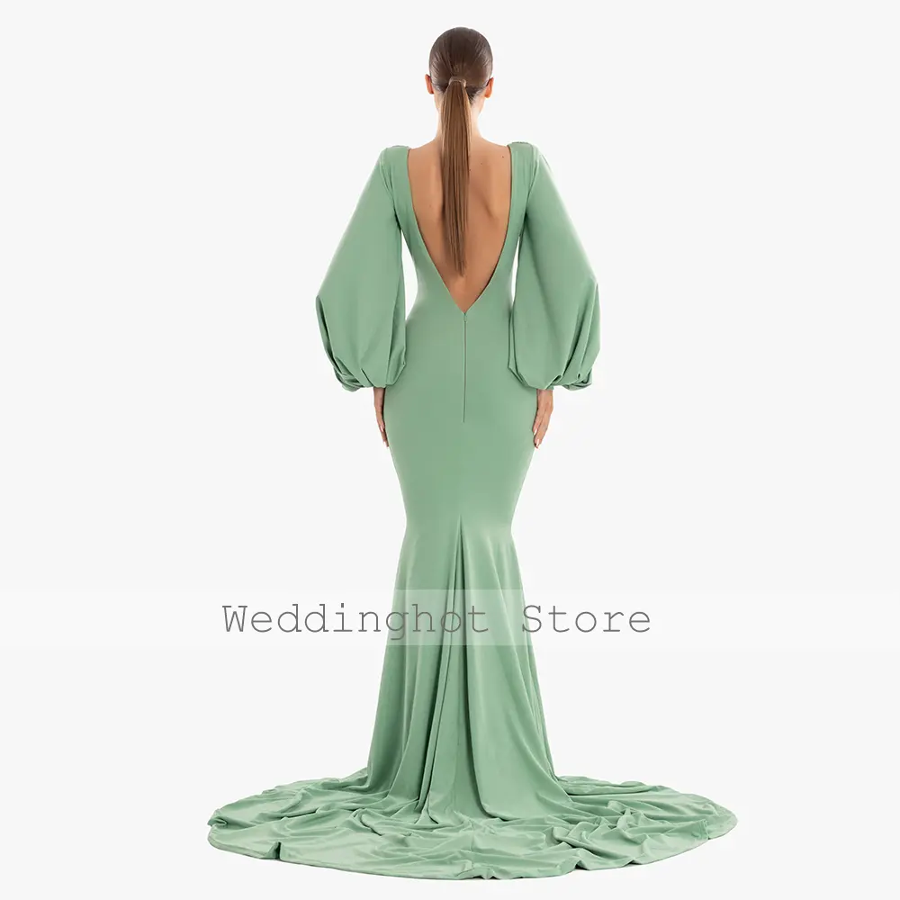 Mint Evening Dress Mermaid Puffy Sleeves Deep V Neck Sexy Evening Gowns for Women Backless Trumpet Formal Party Dresses Long