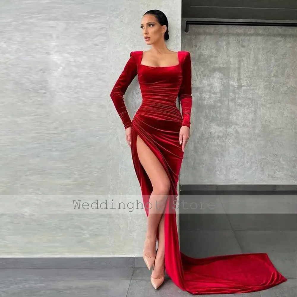 Evening Dress Sexy Burgundy Velour Pleat Side Fork Evening Column Square Neck Long Dresses Elegant Party Dresses Woman