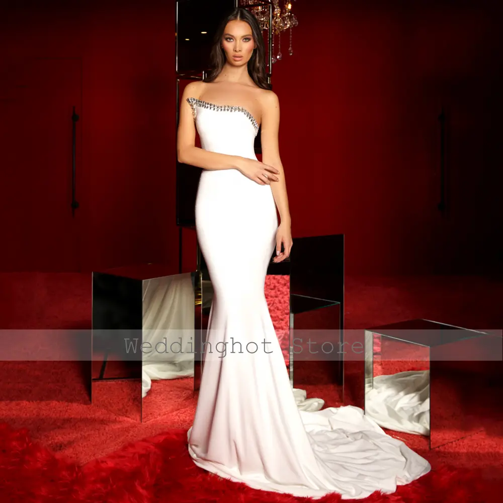 Mermaid Evening Dress White Spandex Crystal Asymmetrical Neckline Trumpet Evening Gowns for Women Sleeveless Sexy Formal Dresses