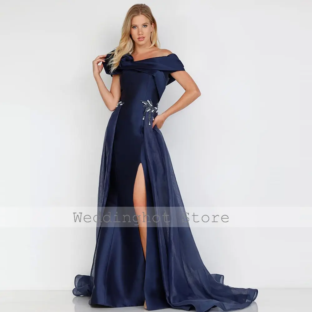 Navy blue Elegant Special Occasion Dresses Satin Pearl Beading Pleat Ruched A-line Off-the-shoulder Dresses Long Gowns 2024