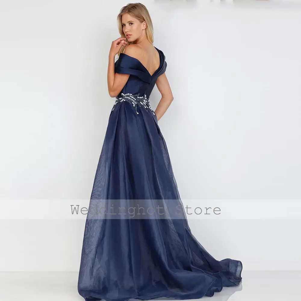 Navy blue Elegant Special Occasion Dresses Satin Pearl Beading Pleat Ruched A-line Off-the-shoulder Dresses Long Gowns 2024