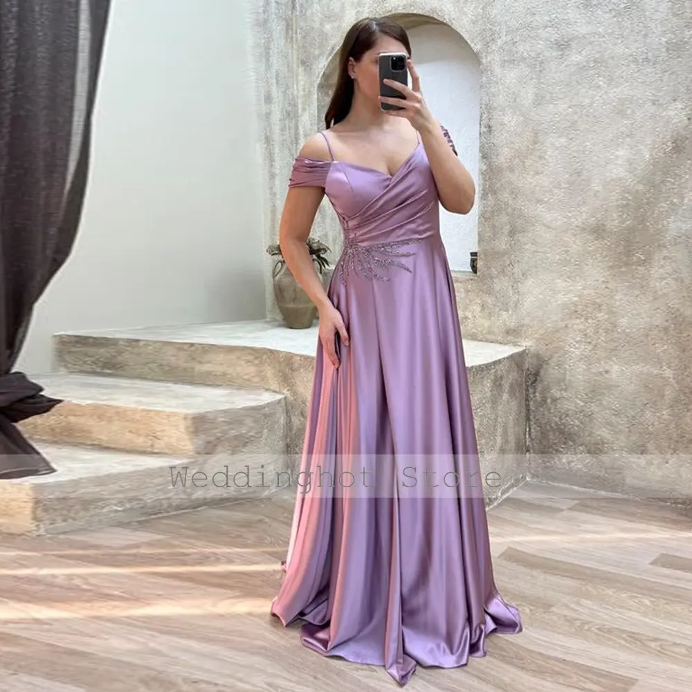 Evening Dress Exquisite Purple Satin Pleat Ruched Rhinestone Party Dress A-line Off-the-shoulder Long Dresses Formal Dress 2024