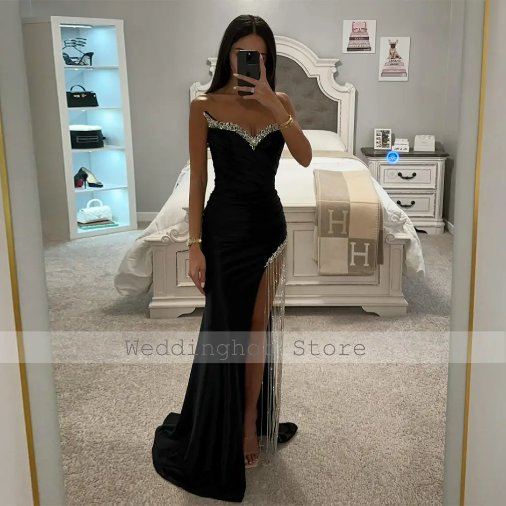 Black Satin Evening Dresses for Women Crystal V Neck Mermaid Evening Gowns Long Sparkle Tassel High Split Sexy Party Dress 2025