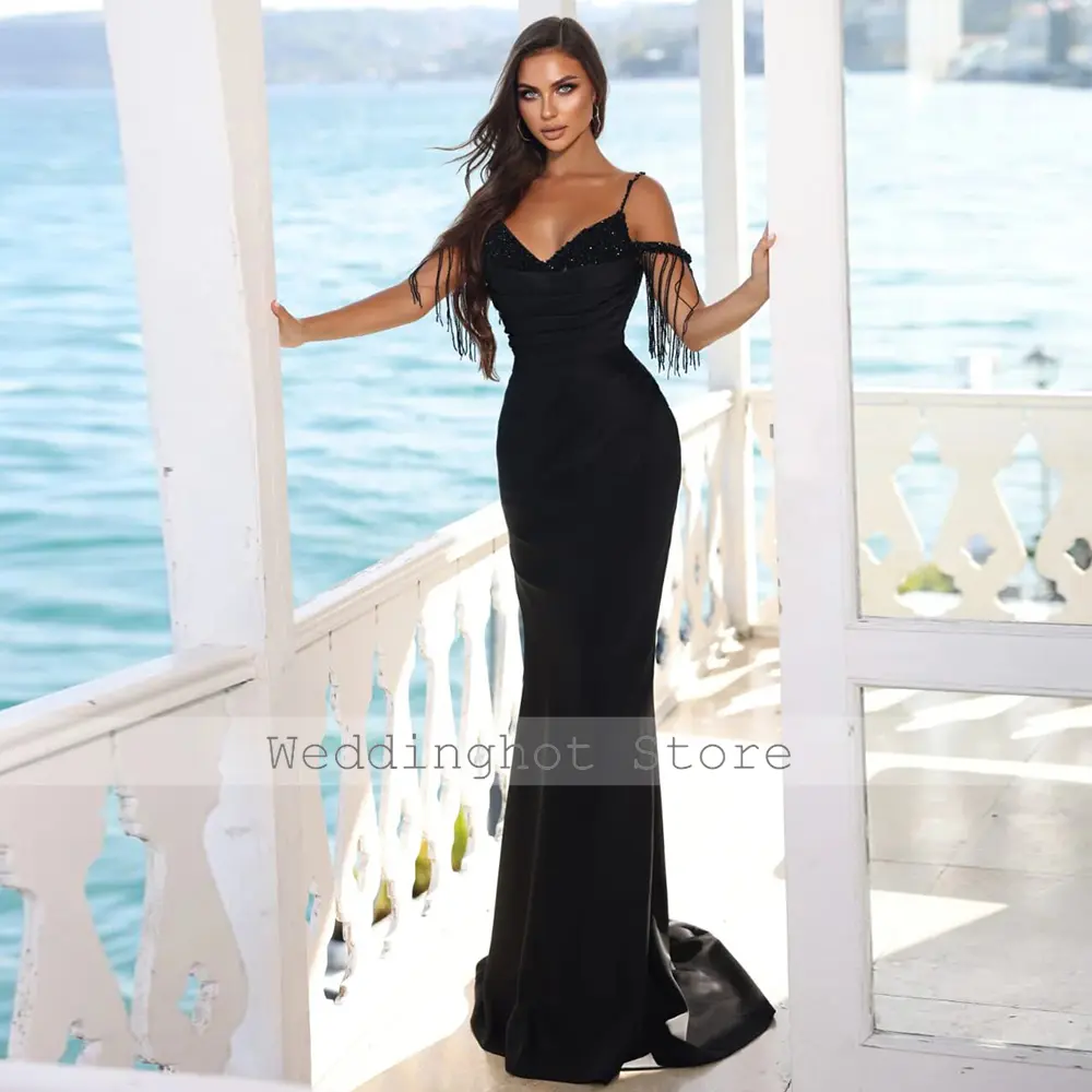 Cocktail Dresses Luxury Taro Pur Satin Tassel Rhinestone Sexy Evening Dresses Trumpet Spaghetti strap Formal Dress 2024