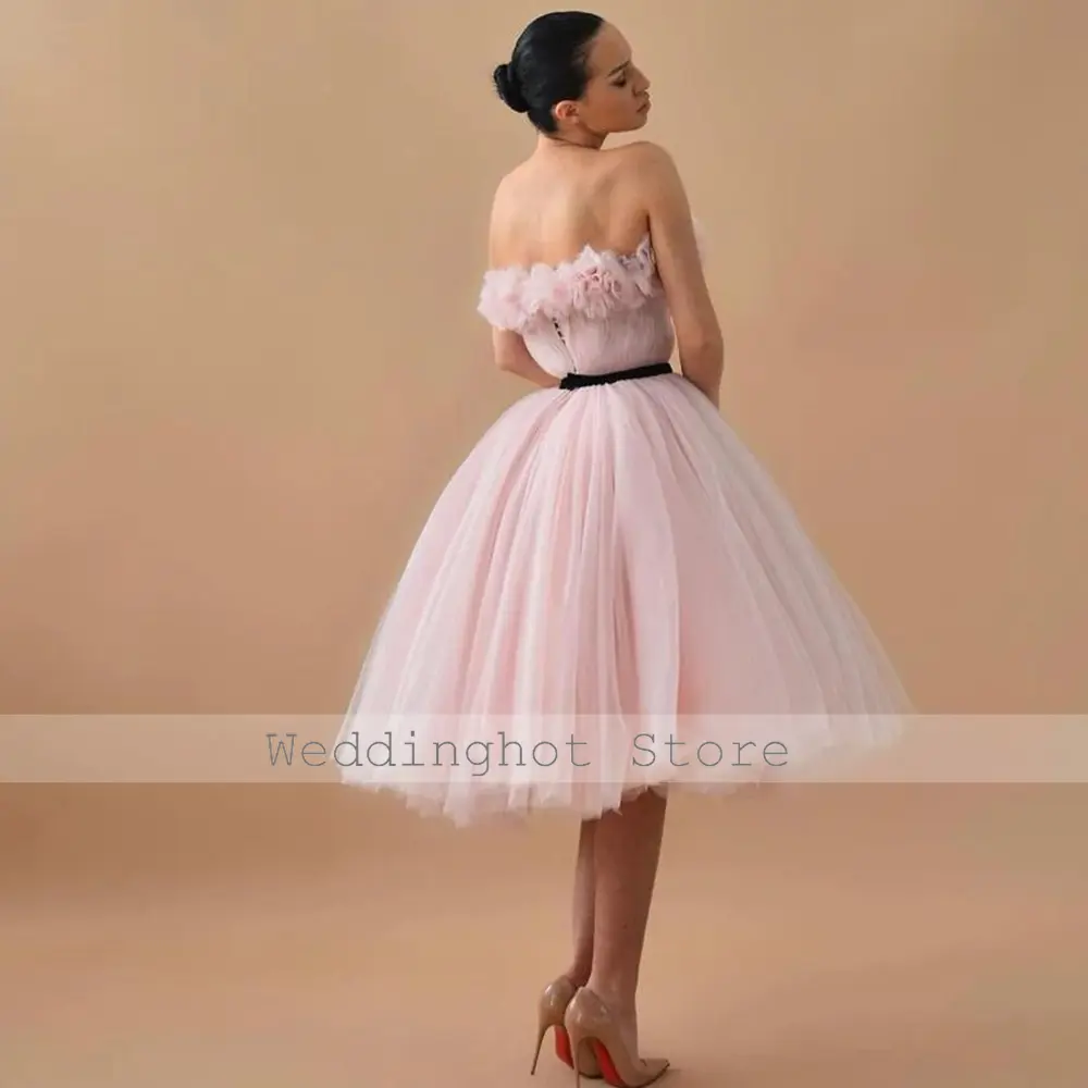 Elegant Birthday Party Dresses Pink Net Ruched Handmade Flower Cocktail Party A-line Strapless Women's Cocktail Party Gowns