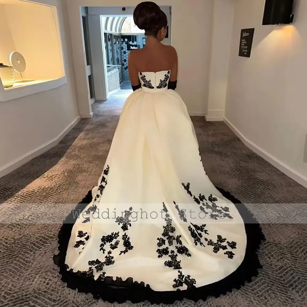 Luxury Formal Dresses for Women Black Applique Strapless Column Party Gowns Detachable Train Backless Satin Evening Dress White