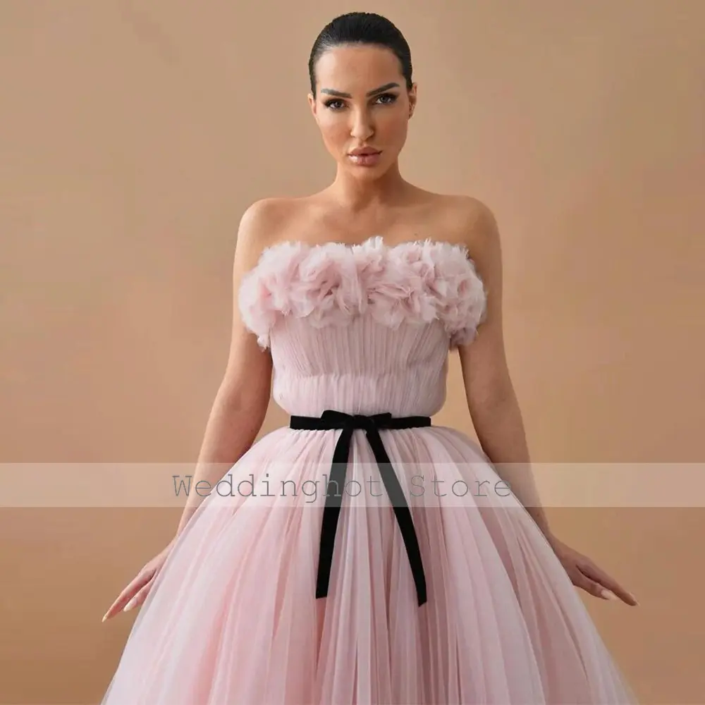 Elegant Birthday Party Dresses Pink Net Ruched Handmade Flower Cocktail Party A-line Strapless Women's Cocktail Party Gowns